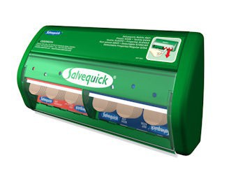 groene pleisterautomaat van Salvequick met doorzichtige deksel