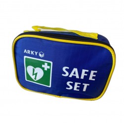 Blauw tasje met tekst safeset en het logo van de AED