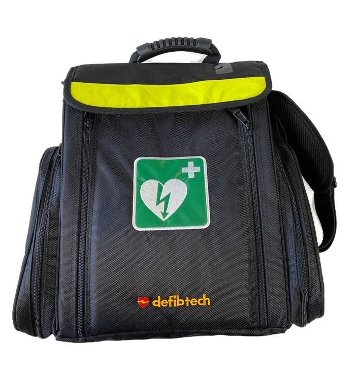 zwarte tas met AED logo en de tekst Defibtech.