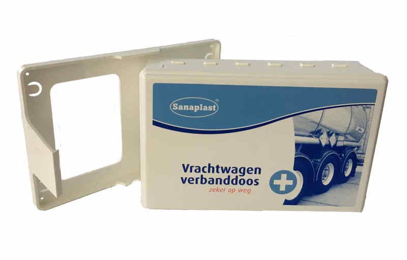 blauw witte verbanddoos met wandhouder