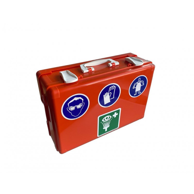 dichte oranje verbandkoffer met symbolen van persoonlijke bescherming