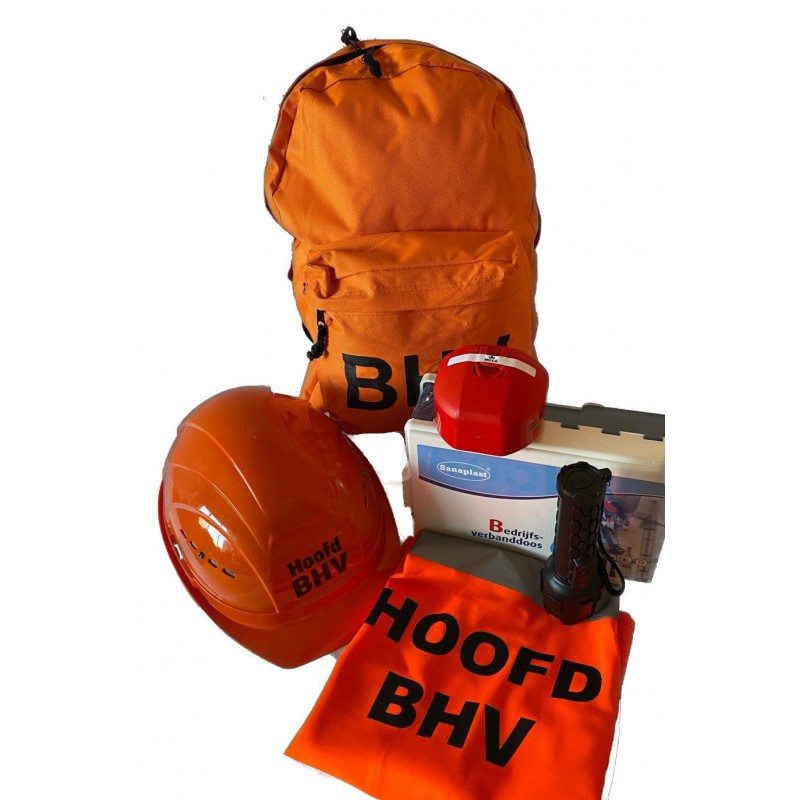oranje rugtas met opdruk Hoofd BHV en oranje helm