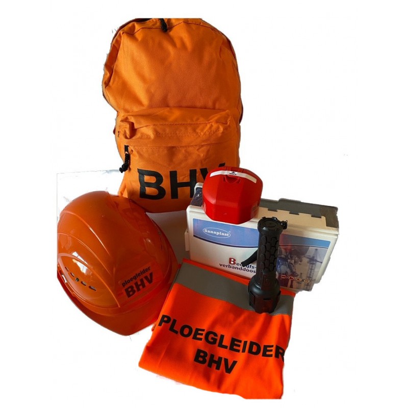 Oranje rugtas met opdruk Ploegleider BHV en oranje helm