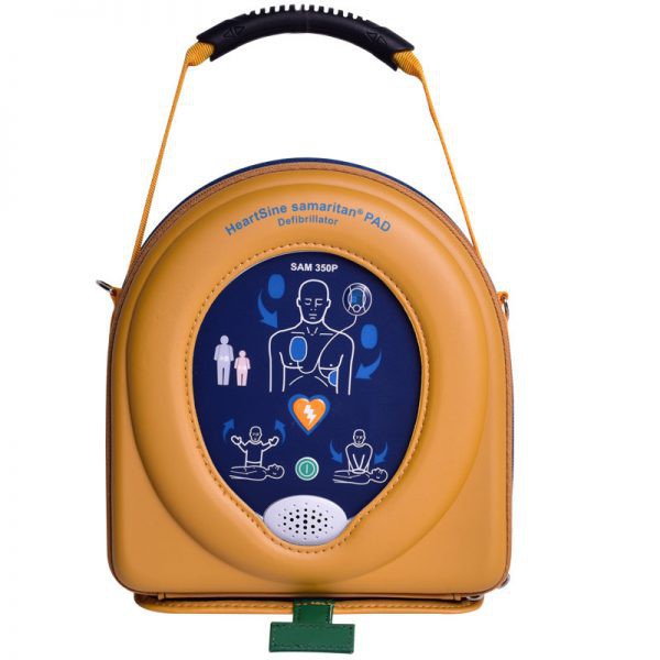 Geel blauwe tas om de Heartsine AED te beschermen