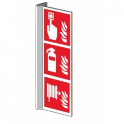 bord met de aanduiding van een haspel. Brandblusser en een brandmwlder in rood en wit