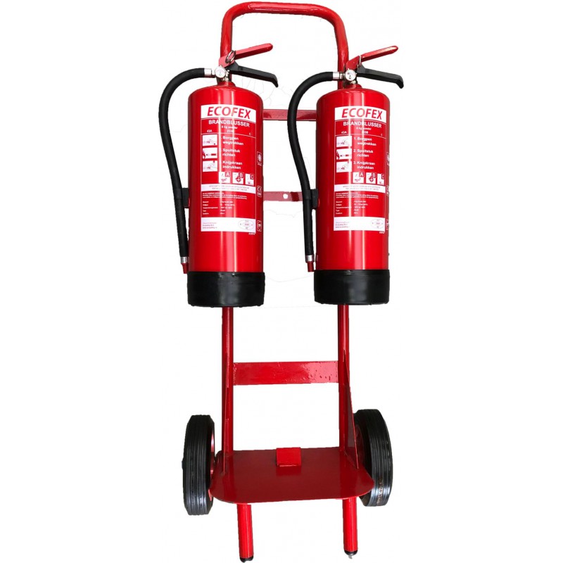 Verrijdbare rode kar met twee brandblussers in signaalrood