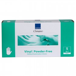 Groen witte doos met tekst vinyl powder free en plaatje van handschoen maat S