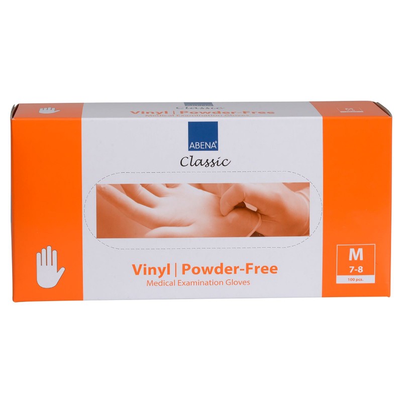 Oranje witte doos met tekst vinyl powder free en plaatje van handschoen maat M