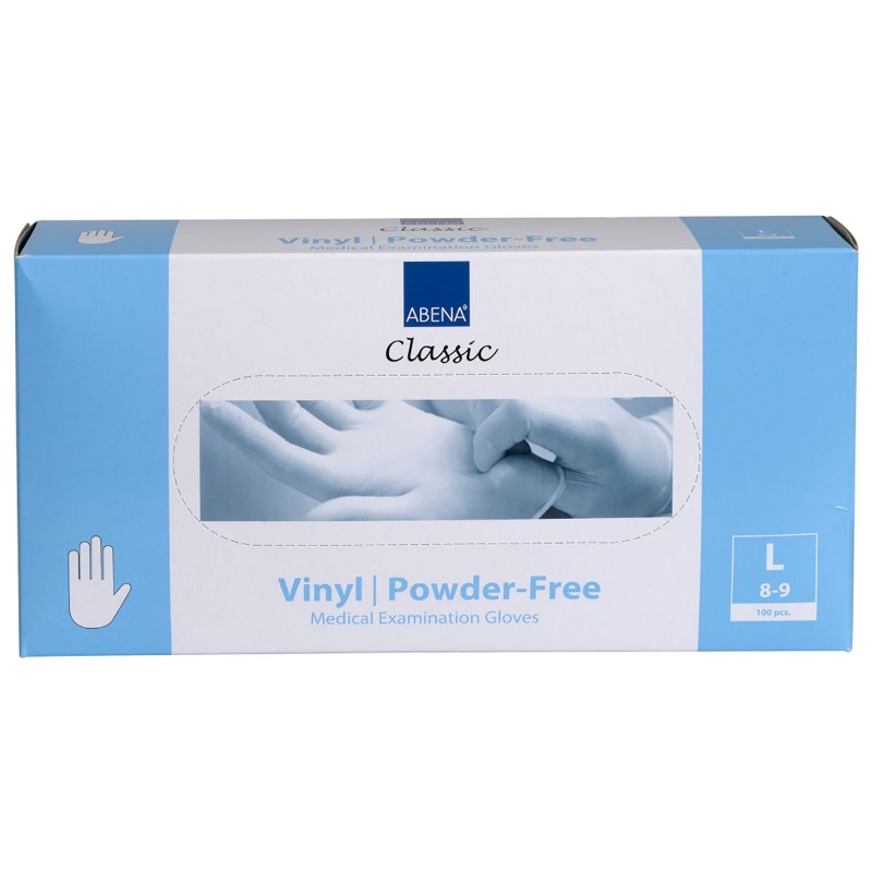Blauw witte doos met tekst vinyl powder free en plaatje van handschoen maat L