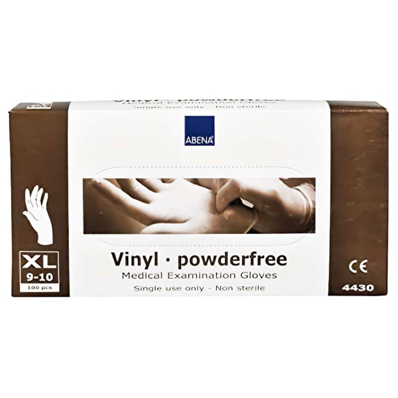 Bruin witte doos met tekst vinyl powder free en plaatje van handschoen maat XL