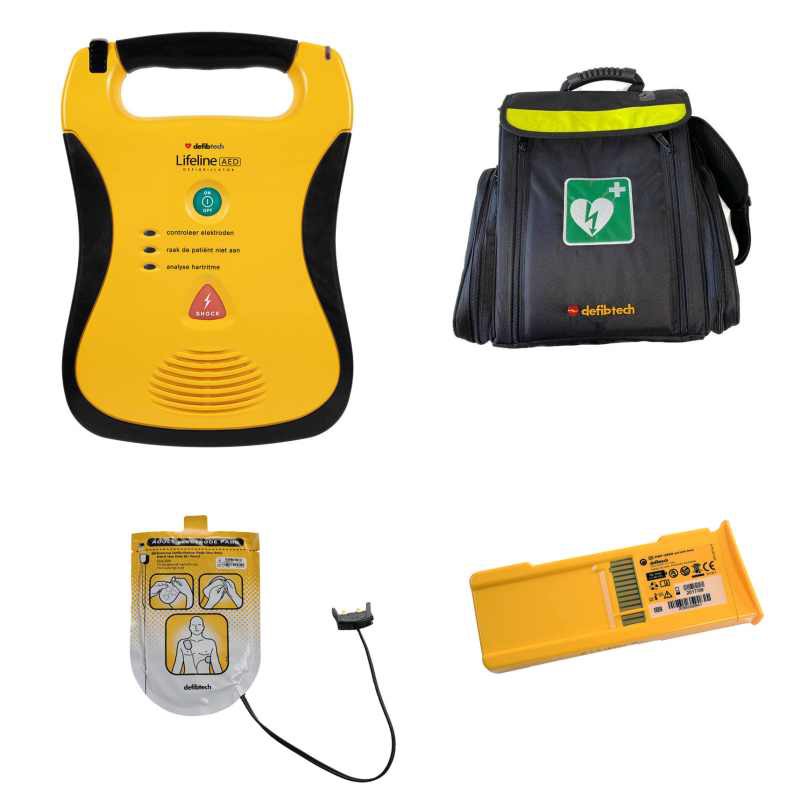 Gele AED met zwarte bies en tekst Defibtech.AED bord en zwarte tas met AED logo.