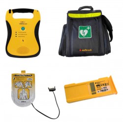 Gele AED met lcd scherm met reanimatie.