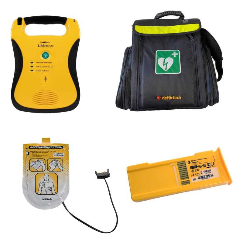 Gele AED met lcd scherm met reanimatie.