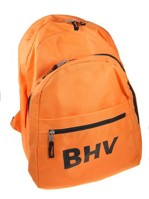 Oranje rugtas met de tekst BHV in zwarte letters