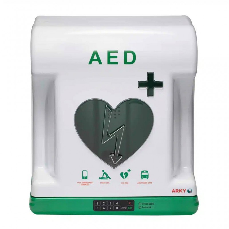 Gesloten AED kast in wit met groen en AED logo
