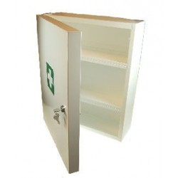 witte open verbandkast met twee plankjes en groen wit eerste hulp kruis.