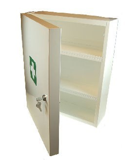 witte open verbandkast met twee plankjes en groen wit eerste hulp kruis.